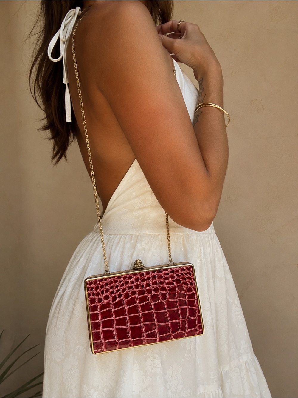 Vintage Burgundy Croc Embossed Box Clutch Evening Bag Rhinestone Clasp